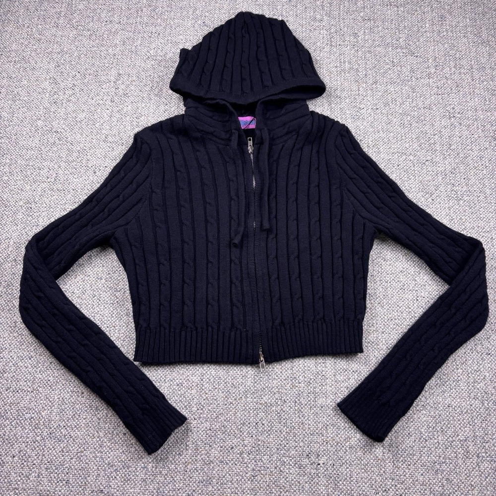 Edikted Juniors Zip Up Hoodie Black Cropped Knit Sweater Size S